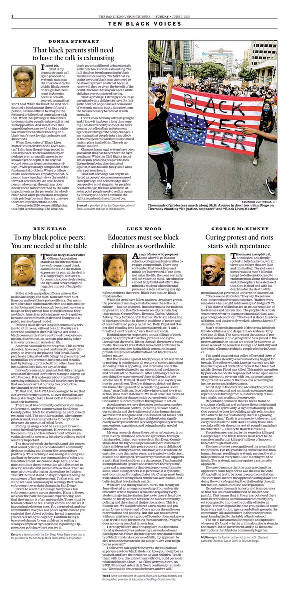 bymatthewthall's tweet image. Sunday’s @sdut cover is an unprecedented display of @sdutideas &amp;amp; Opinion content, smashing the wall between “news” aka the front page and “opinion” aka the editorial and op-ed pages, always placed deep inside the paper. Read these 10 black voices. Amplify them. #BlackLivesMatter