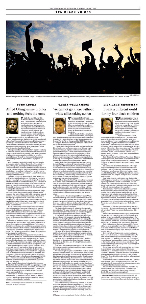 bymatthewthall's tweet image. Sunday’s @sdut cover is an unprecedented display of @sdutideas &amp;amp; Opinion content, smashing the wall between “news” aka the front page and “opinion” aka the editorial and op-ed pages, always placed deep inside the paper. Read these 10 black voices. Amplify them. #BlackLivesMatter