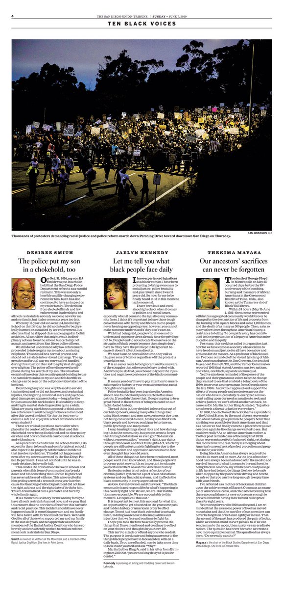 bymatthewthall's tweet image. Sunday’s @sdut cover is an unprecedented display of @sdutideas &amp;amp; Opinion content, smashing the wall between “news” aka the front page and “opinion” aka the editorial and op-ed pages, always placed deep inside the paper. Read these 10 black voices. Amplify them. #BlackLivesMatter