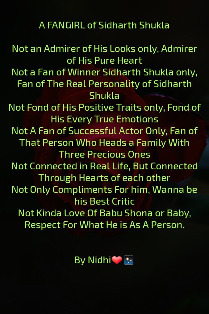 Fifth OneREASONS why I Admire him and Like  @sidharth_shukla Not Coz A Star Actor, The person he is in Reality.I admire That  #SidharthShuklaI WILL ADD MORE IN THIS.I Just Hope Sidharth would ever Know My existence."Memories of a Fangirl and Sidharth Shukla"