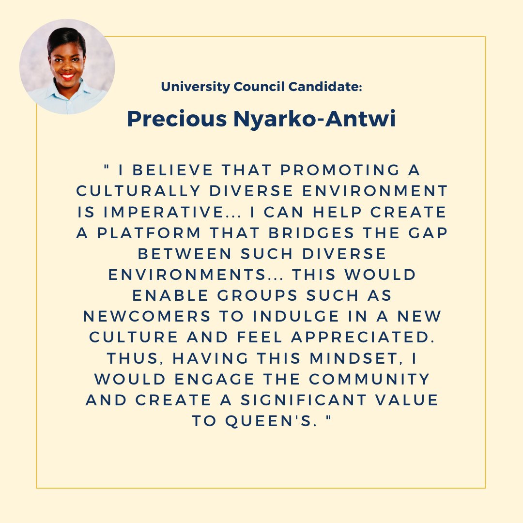Introducing University Council Nominee: Precious Nyarko-Antwi

To learn more about her campaign, read her full Statement of Intent below: 
queensu.ca/secretariat/si…

REMEMBER: Voting ends Monday, June 15, 2020 at 09:00 am EST.

#qbachapter #blackalumni #universitycouncil #vote