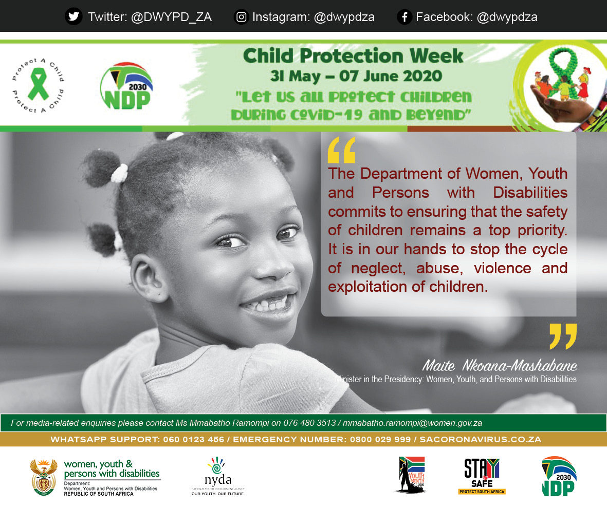 DWYPD_ZA's tweet image. Our collective responsibility is to protect children. #ChildProtectionWeek2020 #ChildProtection2020 @maite_nkoana @ProfMkhize @The_DSD @GovernmentZA