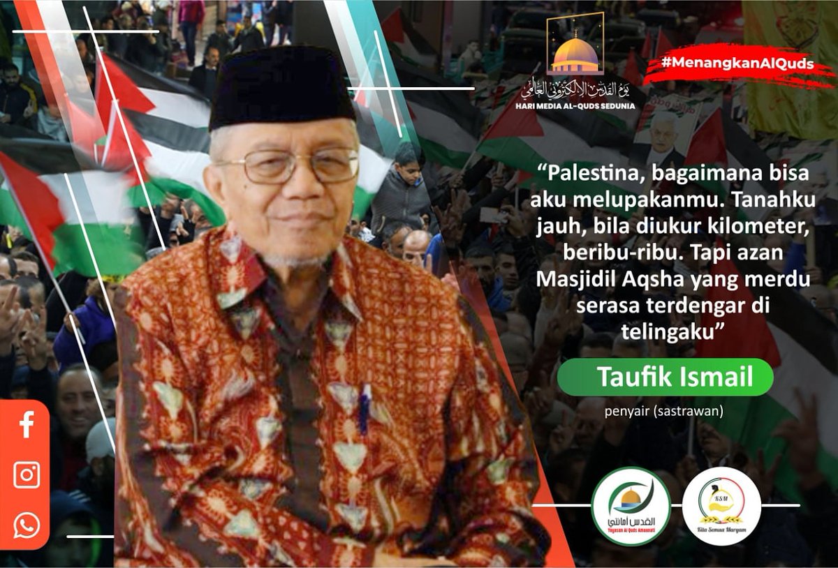 RBM_JakTim's tweet photo. "Palestina, bagaimana bisa aku melupakanmu. Tanahku jauh, bila diukur kilometer, beribu-ribu. Tapi azan Masjidil Aqsha yang merdu serasa terdengar di telingaku."⠀
(Taufik Ismail, Penyair Nasional)⠀
⠀
#للقدس_ننتصر⠀
#WeStand4AlQuds⠀
#kudüsDireniyor⠀
#MenangkanAlquds https://t.co/tf3E4ATrM8