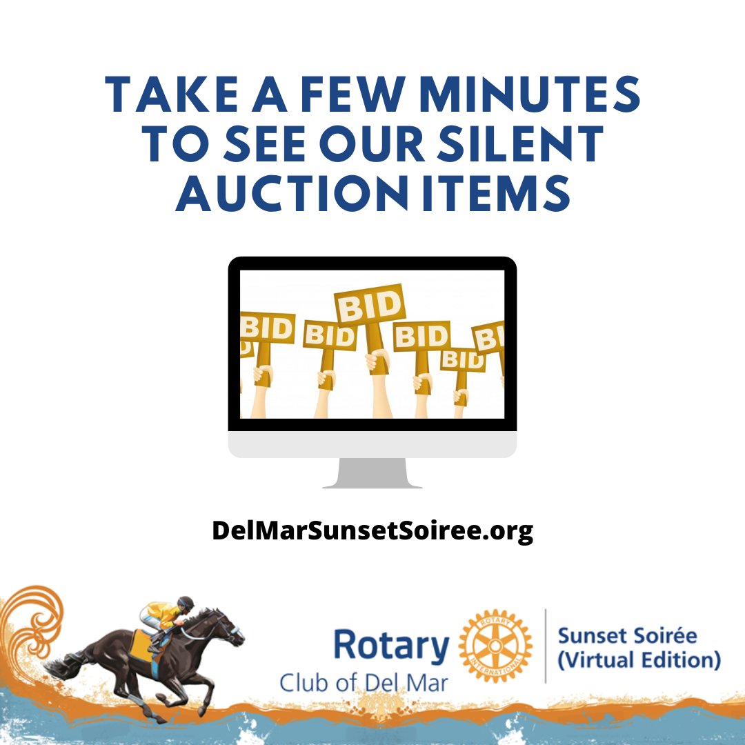 DelMarRotary's tweet photo. Good Morning! Take a few minutes to view our silent auction and bid on items. Treat yourself, buy a gift for someone, or simply bid to donate to our programs. You can find all the silent auction items here, https://t.co/Cj1fTCESHz. Remember our live event is today at 5:00PM PST. https://t.co/XQiboE6EHz