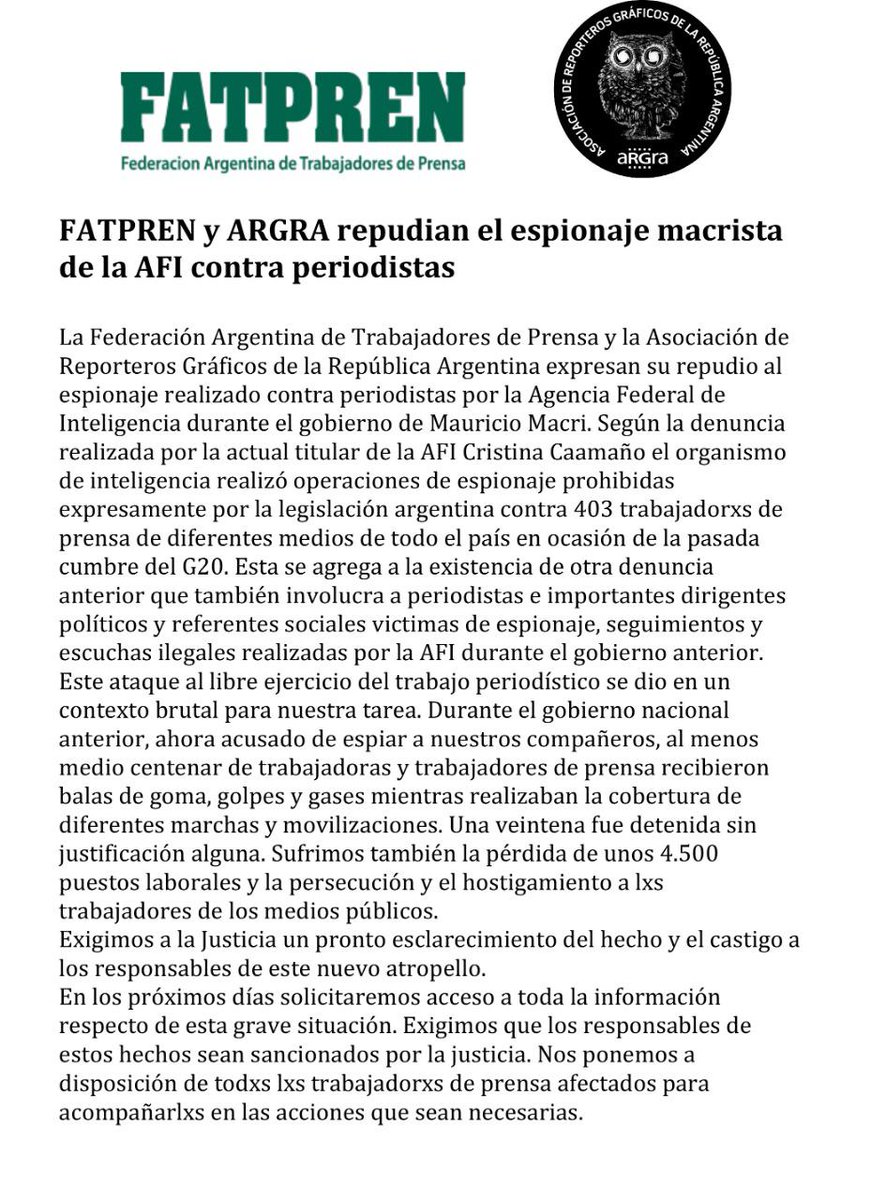 Junto con FATPREN y ARGRA, lamentamos que en este #DiaDelPeriodista una de las noticias sobre el oficio sean los informes que la AFI generó sobre más de 400 periodistas acreditados en las cumbres del G20 y la OMC, entre los cuales hay dirigentes y delegades de nuestro sindicato.