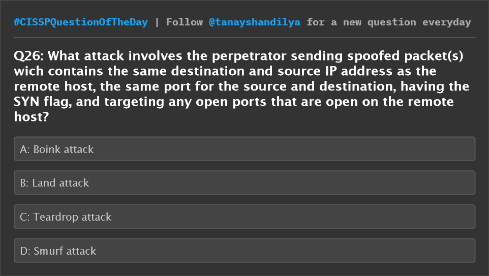 tanayshandilya's tweet image. CISSP Question of the day
#CISSPQuestionOfTheDay #cissp #cisspprep #cisspcertification #cybersecurity #informationsecurity #datasecurity #womenintech #isaca #azure #crisccertification #securityplus #comptia #hacker #trustedcomputing #networking #devsecops