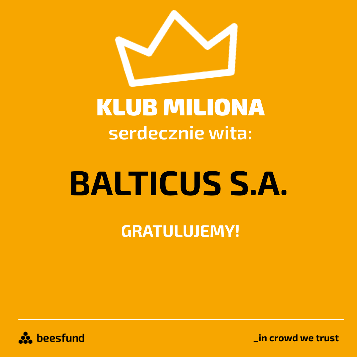 beesfund's tweet photo. Spokojna niedziela... a jednak dzieje się! Witamy #Balticus S.A. w "klubie miliona". Tym samym spółka przekroczyła też próg 50% emisji. To już 5 w tym roku, a 15 w ogóle spółka, która przekroczyła barierę 1 miliona złotych pozyskanego od inwestorów :) #KlubMiliona https://t.co/eURmzyfrip