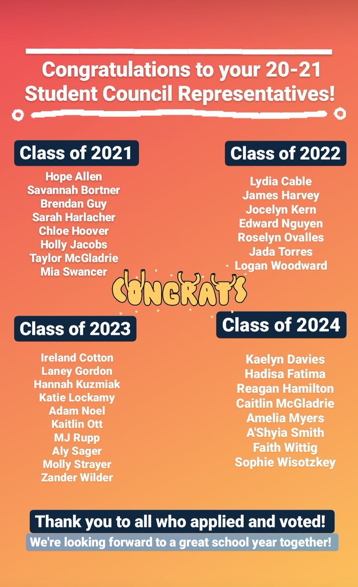 Please wish the following students CONGRATULATIONS on being selected as a Student Council Representative for the 20-21 school year! 

We look forward to a great year serving our WY community! #WYProud

Thank you to all who applied and voted!