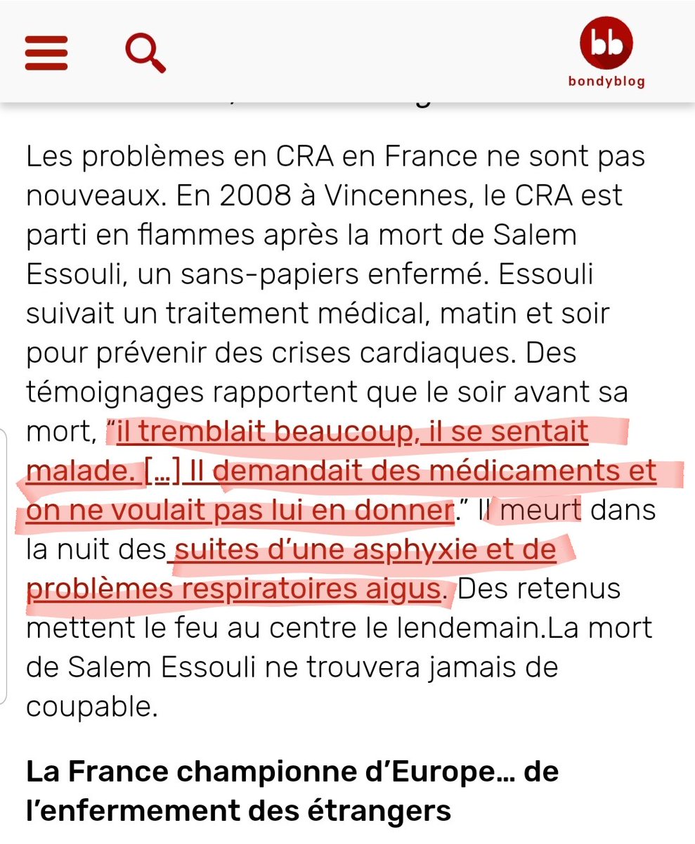 2008- Vincennes: Salem Essouli, 41 ans, retrouvé mort au centre de rétention administrative, suite à une crise cardiaque alors qu’il était asthmatique.Il n’avait pas reçu les soins dont il avait besoin, l’administration lui a refusé une consultation médicale.