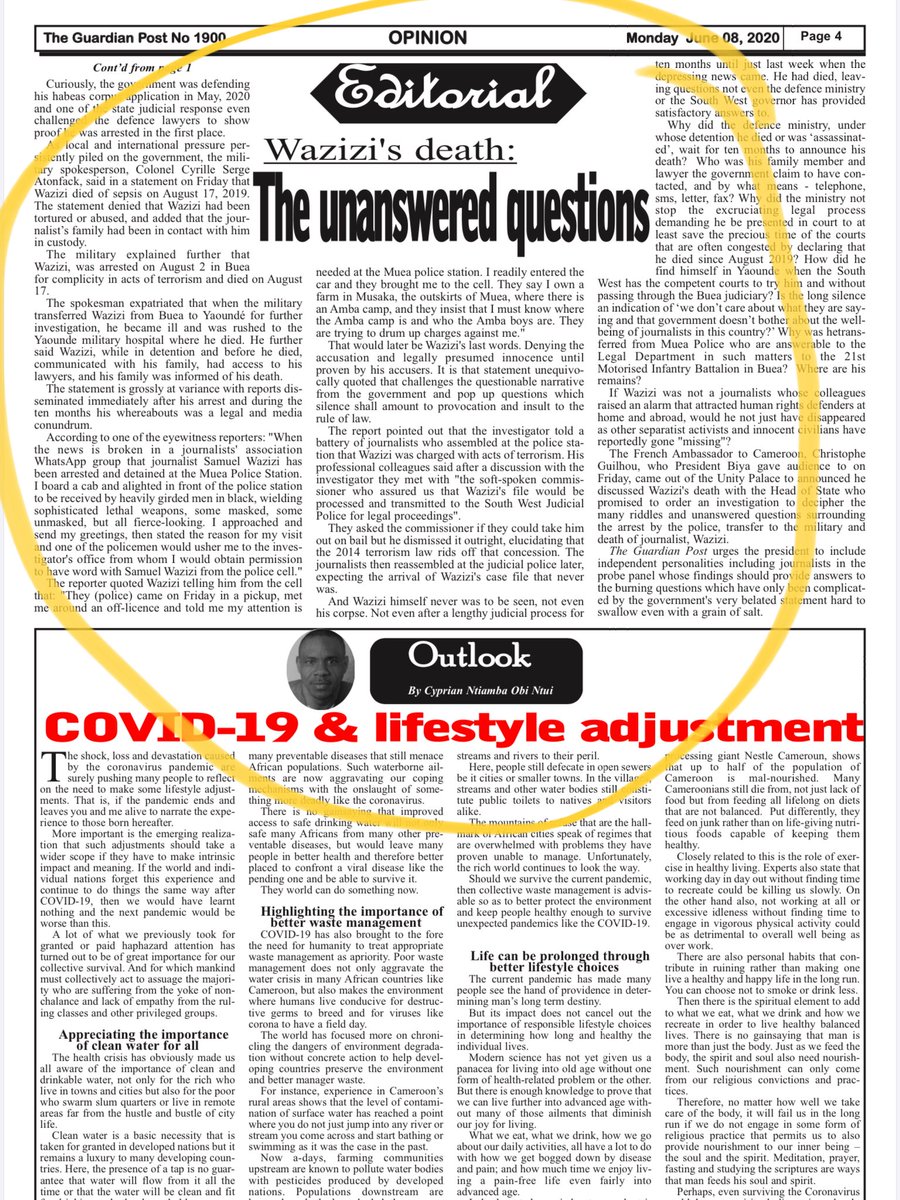angelaquintal's tweet photo. Monday’s Guardian Post edition focuses on another missing journalist #KingsleyNjoka in #Cameroon, as well as #SamuelWazizi, the journalist who died in custody & authorities hid & lied about for 10 months. In #Cameroon journalism is a crime!#WhereIsKingsley #JusticeForWazizi https://t.co/9LNcpw3KrP