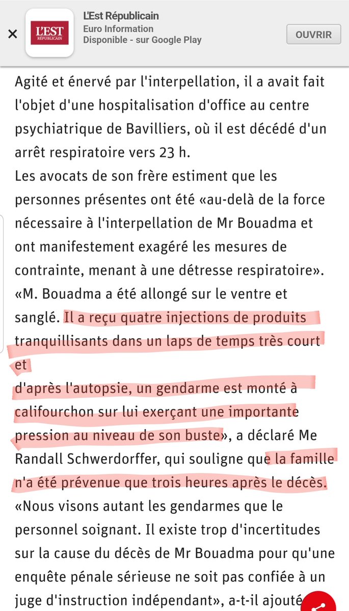 2009-Bavilliers: Rabah Bouadma, 38a, décède d'un arrêt respiratoire en gav. Allongé sur le ventre et sanglé, il reçoit 4 injections de produits tranquillisants. L’autopsie révèle des traces d’ecchymoses.Un gendarme est monté sur lui exerçant une pression au niveau de son buste.