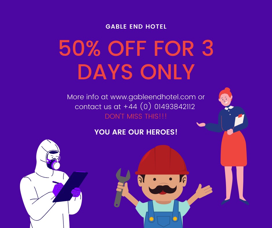 Greetings from Gable End Hotel Great Yarmouth, Norfolk. We are giving away 50% Discount to all our rooms from today until Wednesday midnight 00:00. Booking period from now until 31 Dec 2020. Go to gableendhotel.com and enter promo code KEYWORKERS during checkout.