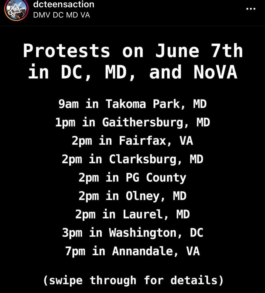 DangerousUMD's tweet photo. DC, MD, VA protests 6/7/2020 Sunday June 7 today #DMVprotest #DCProtest #MDprotest #VAprotest #NoVA #DMV #BLM #BlackLivesMattters
#NoJusticeNoPeaceNoRacistPolice #ProtestToday https://t.co/1GhgJTxFYi