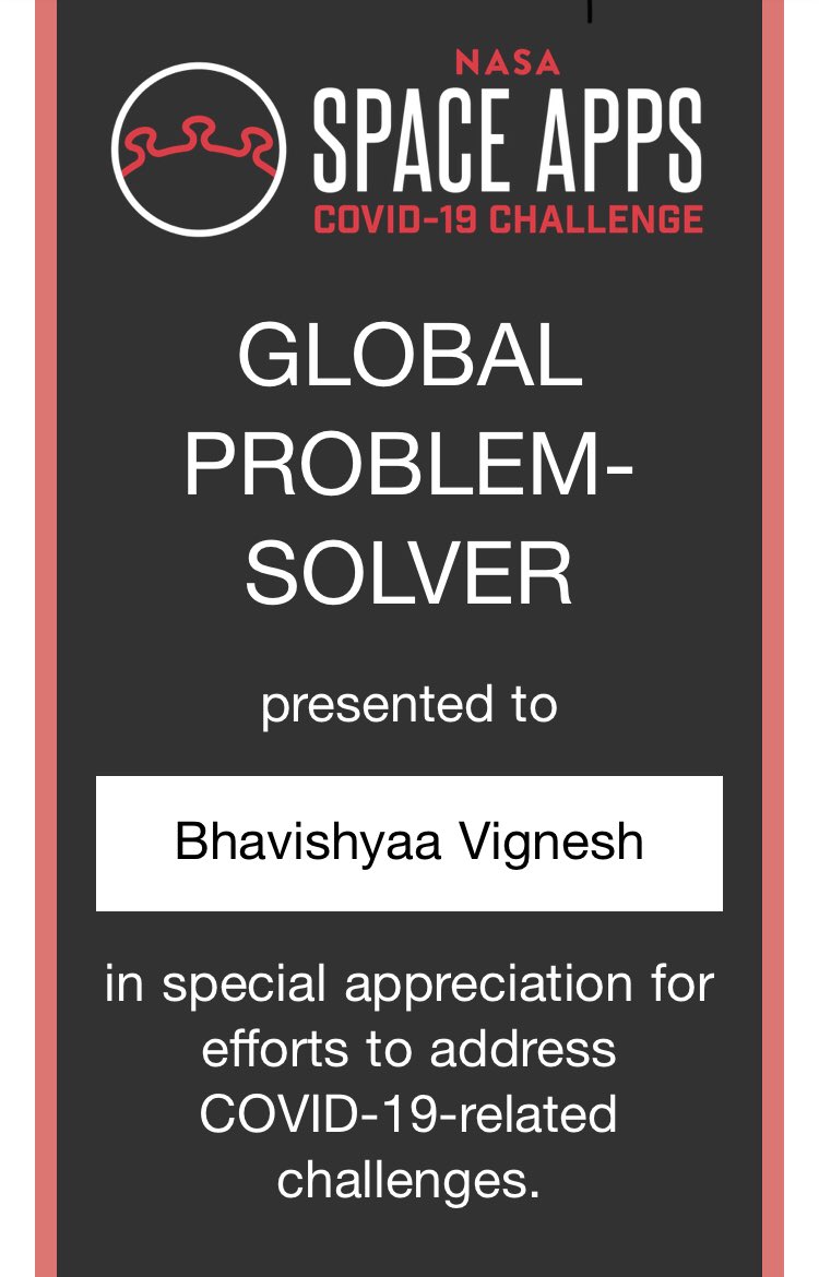 BhaviCodey's tweet photo. Thanks @SpaceApps for the message! Inspires to do more! Had a Great learning through this experience! #COVID19 #nasa #spacepps #challenge! @lizlandau #stem #girlswhocode @laura_dennis_ https://t.co/yQPiHrR0Nx