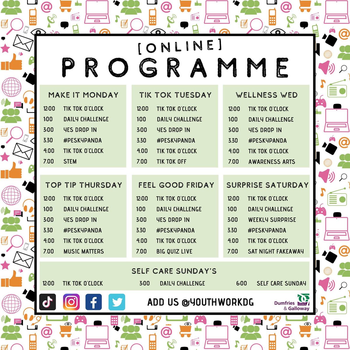 Wondering whats on this week? Well, we want to introduce to you our brand new #YouthWorkDG Online Programme!!! 😁

Running every day of the week, every week, this programme is filled with everything you need to keep you entertained throughout the week! 

Check it out below! 👇