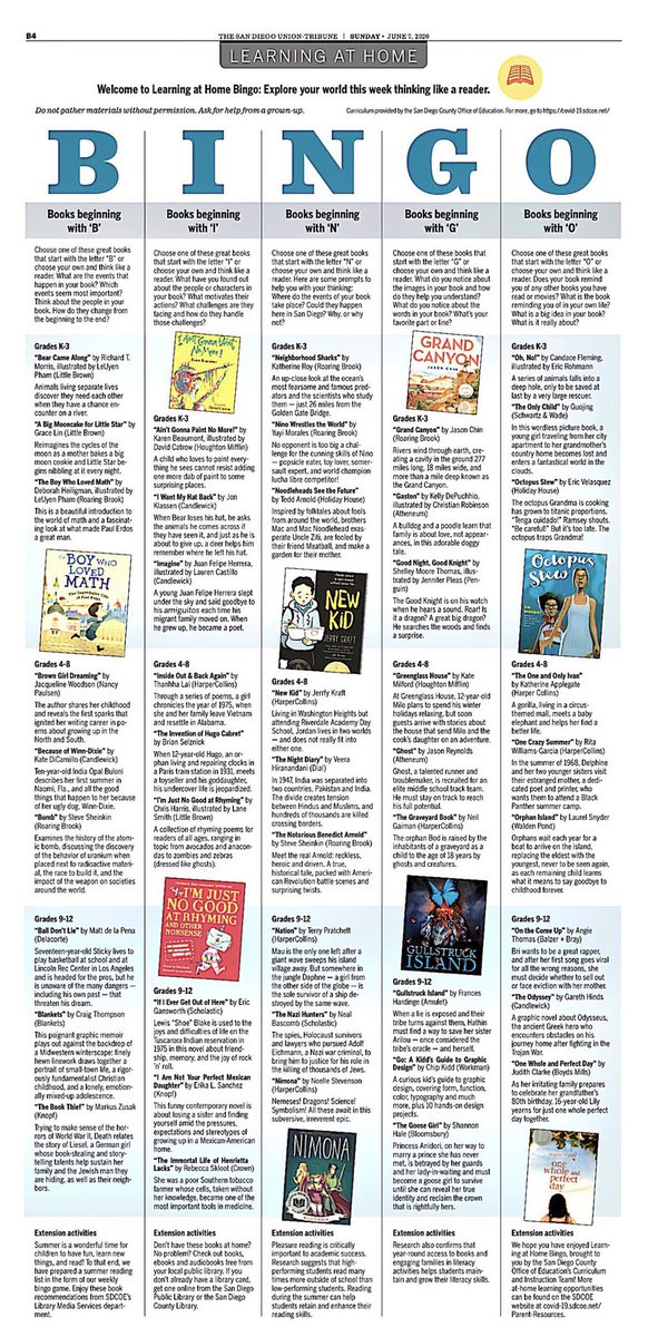 Explore your world thinking like a reader in <a href="/sdut/">The San Diego Union-Tribune</a> #LearningatHome Bingo. Books can help students see the world from someone else’s perspective and see themselves reflected in the story. Access ebooks, audiobooks with a  <a href="/SDPublicLibrary/">San Diego Public Library</a> e-card. 
covid-19.sdcoe.net/Distance-Learn….