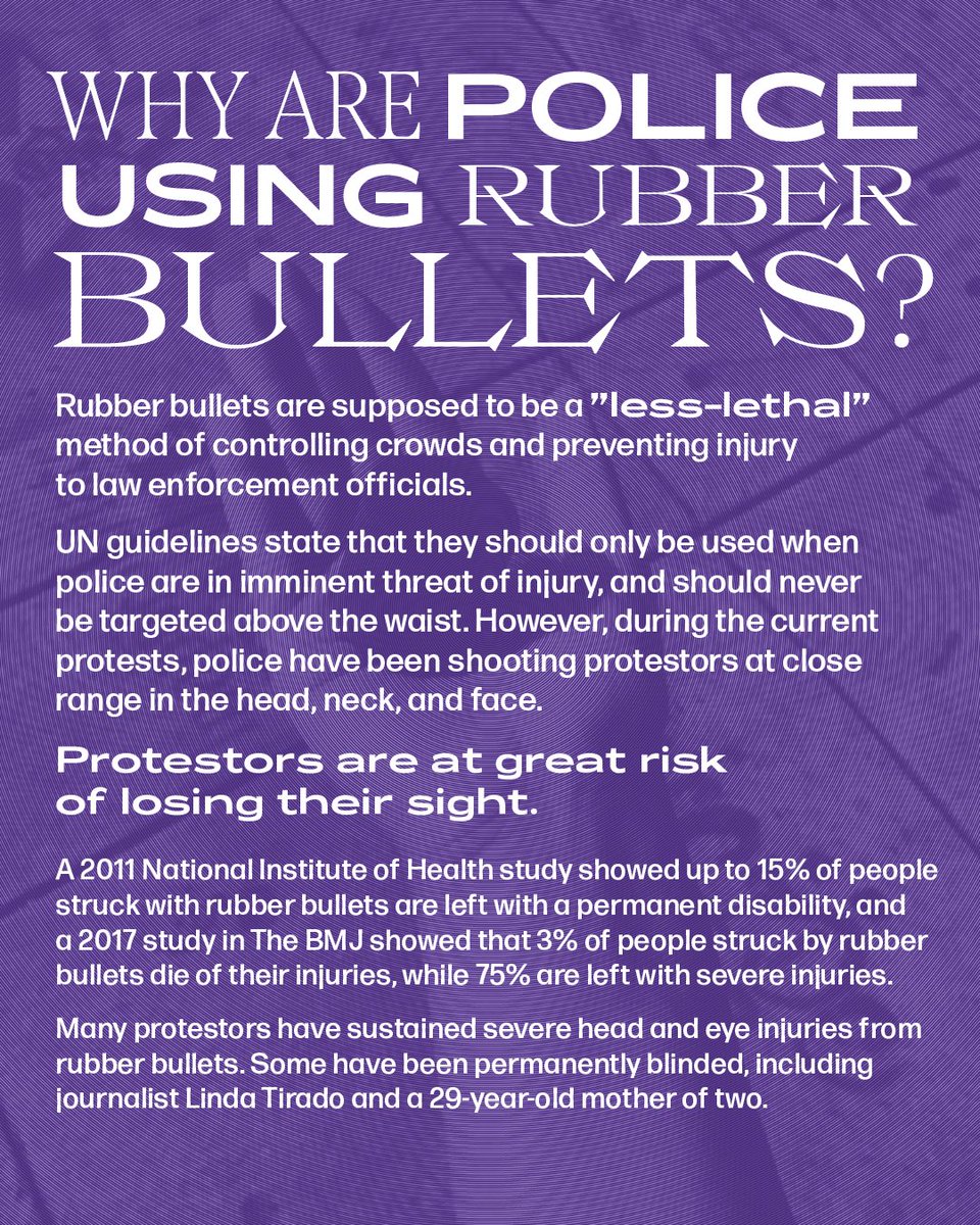 rubber bullets can maim, blind, and permanently disable people. we need to end their use by police right now. here’s a guide on why they’re so harmful, and how we can get them banned #NoMoreRubberBullets #NotOneMoreEye