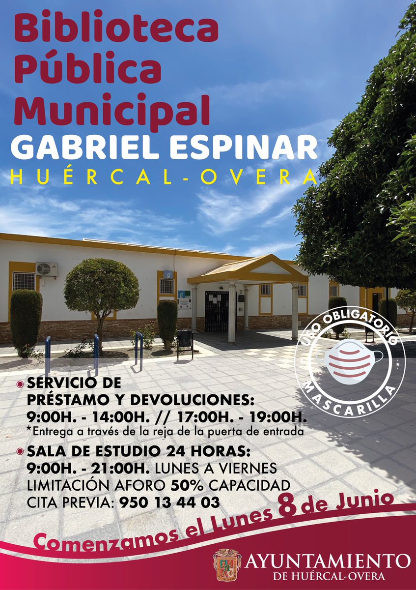 A partir de mañana lunes 8 de junio volvemos a abrir la sala de estudio 24h de la Biblioteca Pública Municipal "Gabriel Espinar" de Huércal-Overa, en horario de 09:00 a 21:00h, limitación del 50% del aforo. Cita previa en el  📞 950 13 44 03. 
#HuércalOvera #SaladeEstudio
