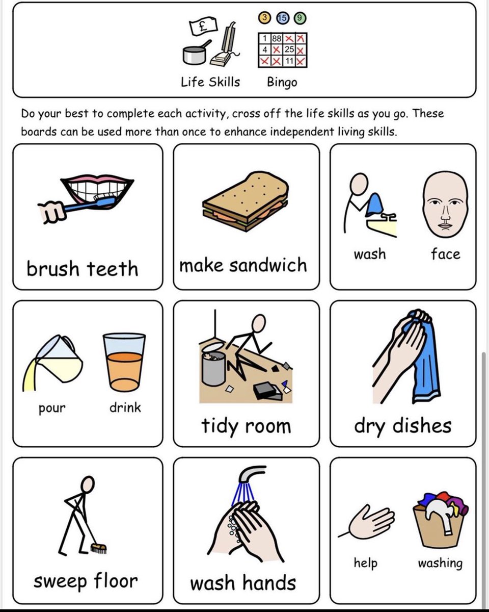 Thornton0wls's tweet image. Hi all! Miss Shaheen here 👋🏻👩🏻‍🏫. Hope you are all having a cosy Sunday indoors. Why not give this life skills bingo a try this week with your little ones? A fun way to keep them busy around the house 👧🏻🧒🏻 #homelearninguk #SENDTwitterCommunity