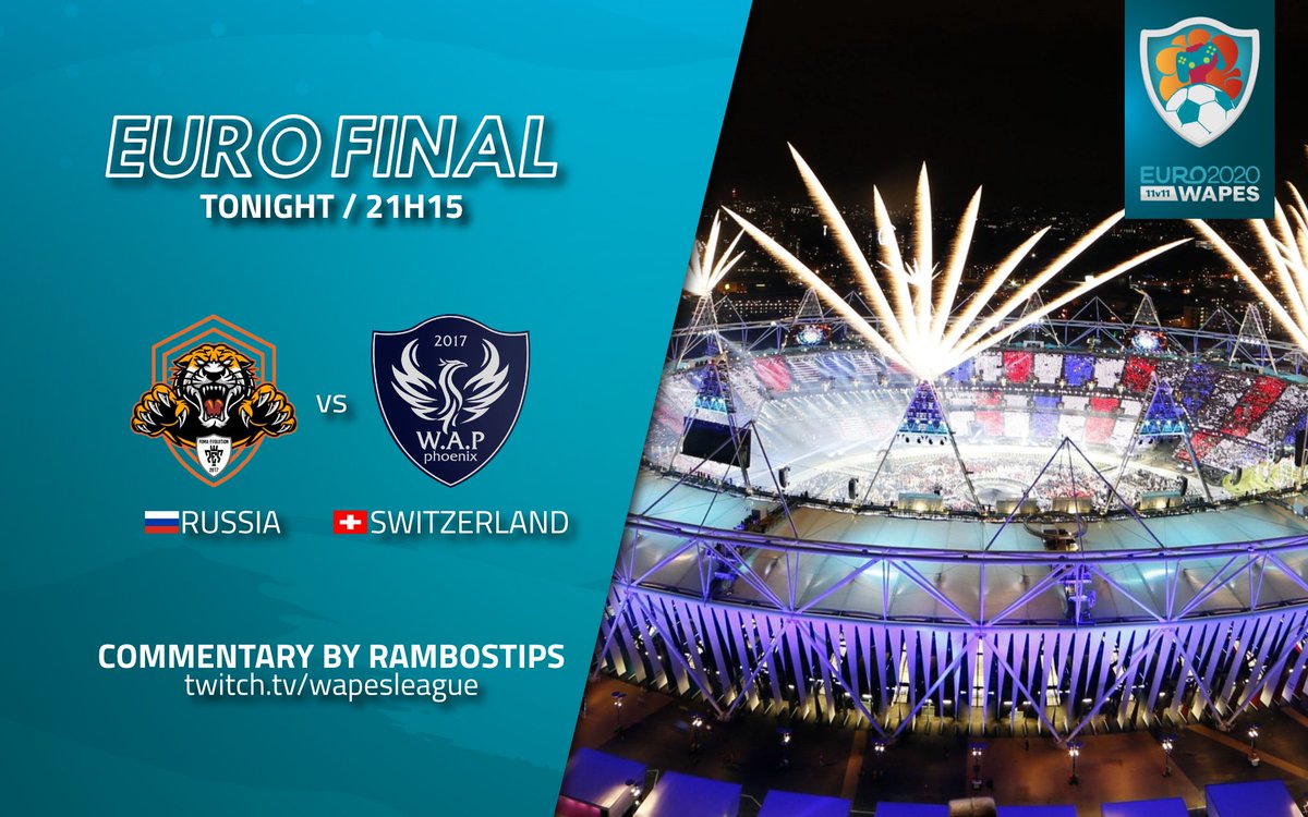 ➡️ Tonight's Main Event
🎮 #WAPESEURO 
🏆 The FINAL
⌚️ 21:15h CET
🎙️ Live Commentary by @rambostips

➡️ #FumaEvolutionTeam 🆚 <a href="/PhoenixWap/">Phoenix WAP</a>

➡️ 🇷🇺 RUSSIA 🆚 SWITZERLAND 🇨🇭

📽️ Live on ⬇️
Twitch.tv/wapesleague 

#fullmanual #11VS11 #10VS10 #WAPESLEAGUE #WAPESEURO2020 
<a href="/officialpes/">officialPES - Inactive</a>