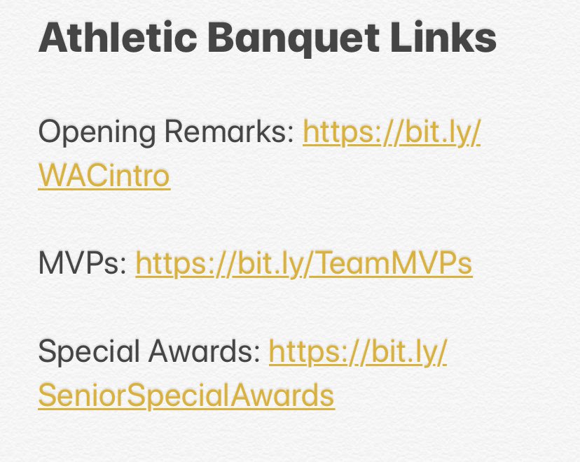 If the link we posted before no longer works. These new links will allow you to watch the Virtual Athletic Banquet again and again!