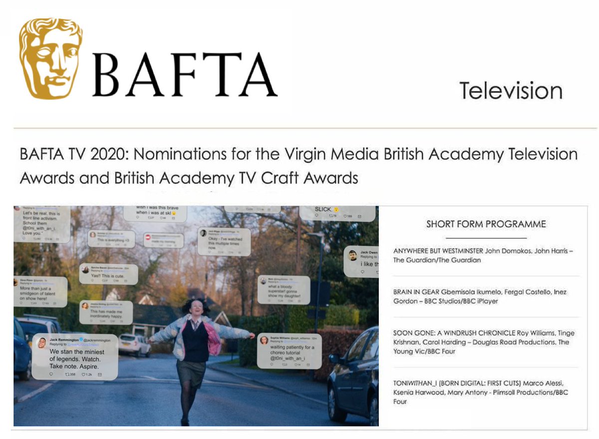 BAFTA NOMINATED!! toni_with_an_i which I choreographed for BBC4 has been nominated for best short form programme - Buzzing!

Thank you <a href="/marcoalesssi/">Marco Alessi</a> for having me on board and bringing together such a brilliant and lovely team! Very excited and proud of this special film!