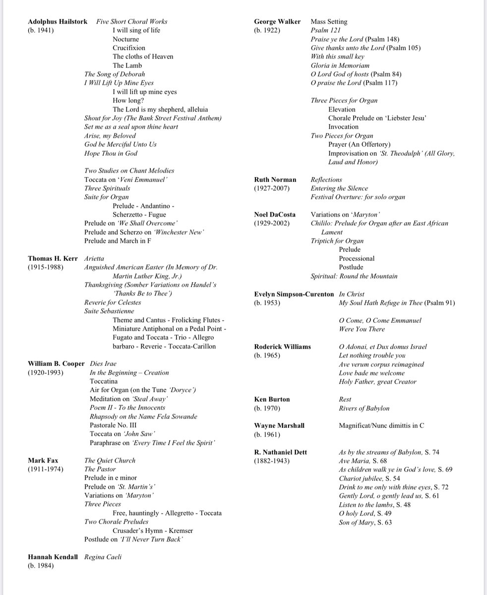 emilybishai's tweet photo. Here's a (very incomplete) collection of service music, anthems, and organ works by Black composers - would be very appreciative of any/all additions to this list! And let's talk about ways we can all ensure better representation of BIPOC voices in the "standard" rep. https://t.co/uDYtAR3e58