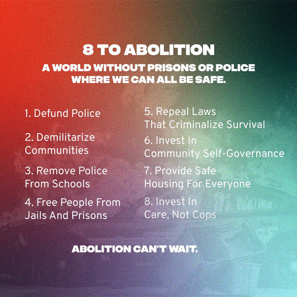 a crucial concept in this justice work is "divest/invest": abolition as a strategy (including the call to  #DefundThePolice) asks us to shift resources from harm-creating structures to liberatory and harm-reducing projects (cf.  #8ToAbolition)