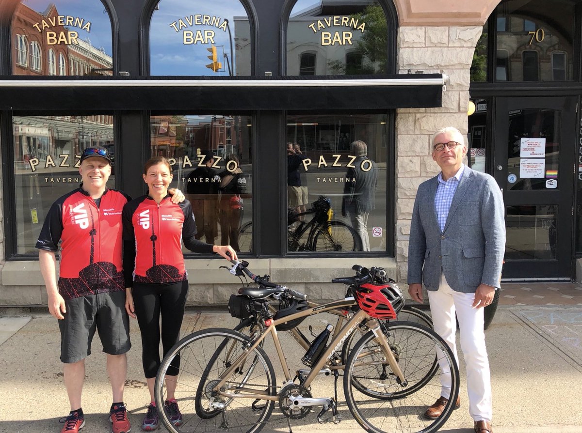 Our CEO Doug Roth is doing his #VirtualRideForHeart today and thanking supporters, including Stratford mayor <a href="/Danmathieson/">Dan Mathieson</a> and Jeff Leney of @pazzostratford (at a distance!) for helping us make a difference from a distance!