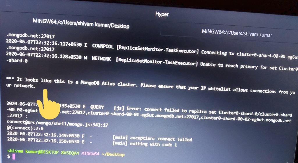 Shivam_priyansh's tweet image. #100DaysOfCode community I need your help.
While connecting my MongoDBcluster with the terminal.
Terminal showing me this error.
Not found a helpful answer on stackoverflow 😔
#MongoDB 
#hyperterminal