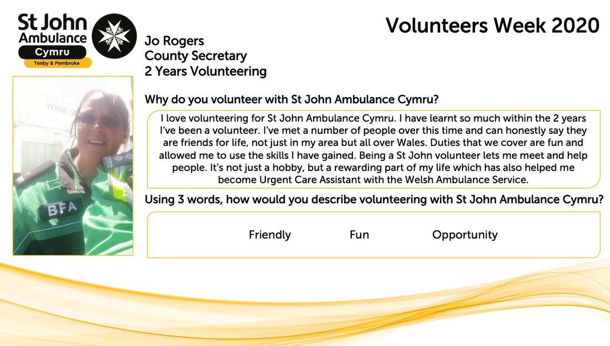 Jo Rogers (@jojo_rogers79) on Twitter photo Well volunteering week is coming to an end and I can honestly say that I’m proud to put this uniform on and proud to volunteer for St John.
Without St John I would not be the same person I am today. Thankyou to everyone <a href="/SJACymru/">St John Ambulance Cymru</a> Well volunteering week is coming to an end and I can honestly say that I’m proud to put this uniform on and proud to volunteer for St John.
Without St John I would not be the same person I am today. Thankyou to everyone <a href="/SJACymru/">St John Ambulance Cymru</a>