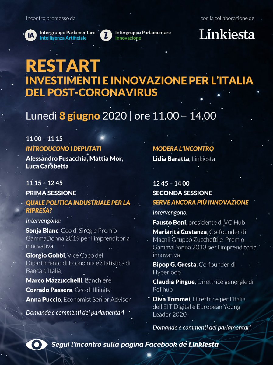 💥Su cosa investire x far ripartire l’Italia dopo il #coronavirus? 𝗗𝗼𝗺𝗮𝗻𝗶 𝟴 𝗴𝗶𝘂𝗴𝗻𝗼, h11-14, sulla pag FB <a href="/Linkiesta/">Linkiesta</a>, partecipiamo con le vincitrici #PremioGammaDonna 🐝 𝗦𝗼𝗻𝗷𝗮 𝗕𝗹𝗮𝗻𝗰 (2019) e 𝗠𝗮𝗿𝗶𝗮𝗿𝗶𝘁𝗮 𝗖𝗼𝘀𝘁𝗮𝗻𝘇𝗮 (2013) al dibattito #RESTART 👇🏻