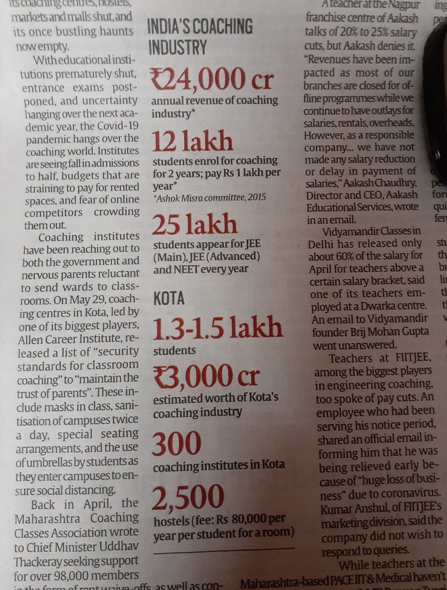 @KhurafatiChopra @someshjha7 #Kota:#EconomicImpact of #Lockdown on #Kota as city & #CoachingInstitutes!
IIT Director Delhi [@IndianExpress,1/2yrs ago]  on COACHING>> students performance,interest CLUBBED with Rs 24000Crores INDUSTRY>>
REINFORCE MY QS of Nov2019 !

ALSO IS IT WORTH PAYING FOR #IndianEconomy?