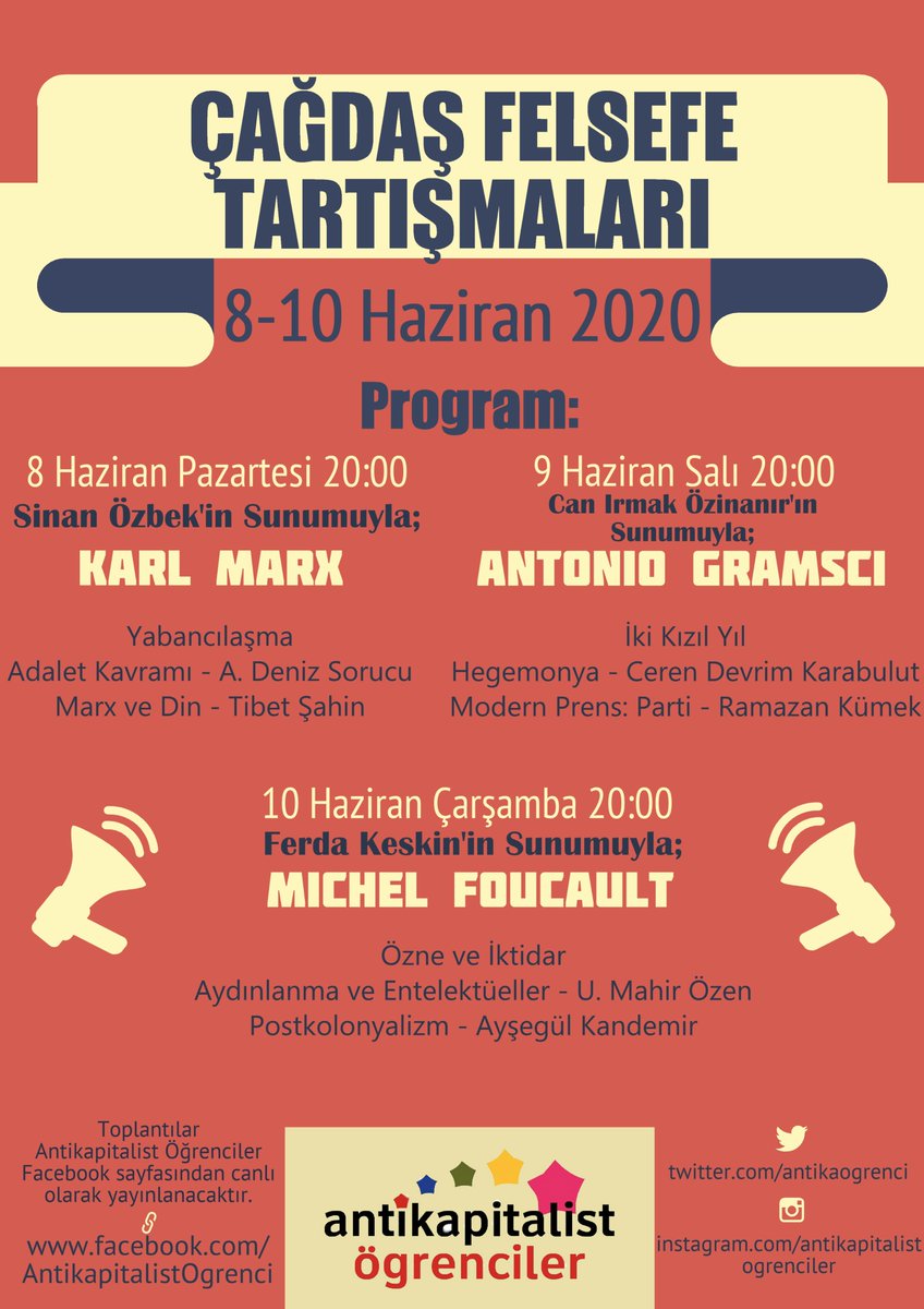 Çağdaş Felsefe Tartışmaları yarın başlıyor. Marx, Gramsci ve Foucault’nun düşüncelerini ele alacağımız toplantılar 8 Haziran Pazartesi, saat 20:00’den itibaren, üç gün boyunca Facebook’tan canlı yayınlanacak.
#FelsefeTartışmaları
https://t.co/2GxeY6rB44 https://t.co/SZsxt21Pbw