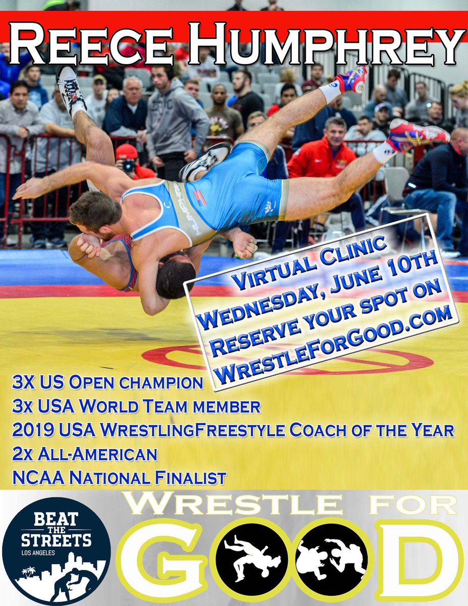 Wonder what Reece <a href="/HighlightHump/">Reece Humphrey</a> will have for us this Wednesday! Sign up at wrestleforgood.com and don’t miss out on a great session! <a href="/BTSLosAngeles/">Beat the Streets LA</a>