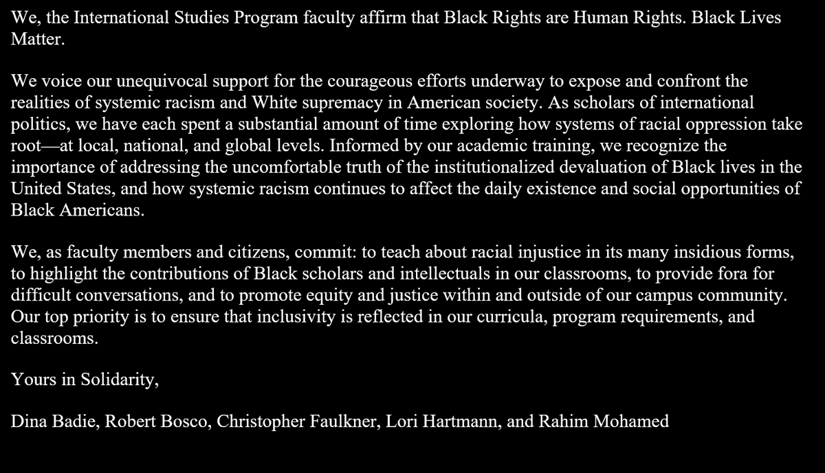 A statement from the International Studies faculty <a href="/CentreC/">Centre College</a> committing to solidarity and action: