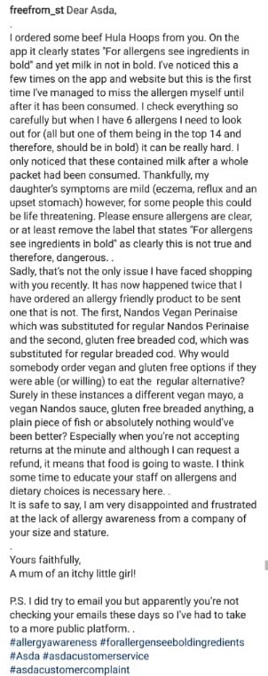 ShanaghRiach's tweet photo. @AsdaServiceTeam @asda I tried emailing you and got an auto-response. I tried tweeting you but 140 characters was not enough. So I’ve instagrammed you, but just incase you miss that, what I need to say is in this screenshot. Please take the time to read it #allergyawareness https://t.co/MfrScMGw6R