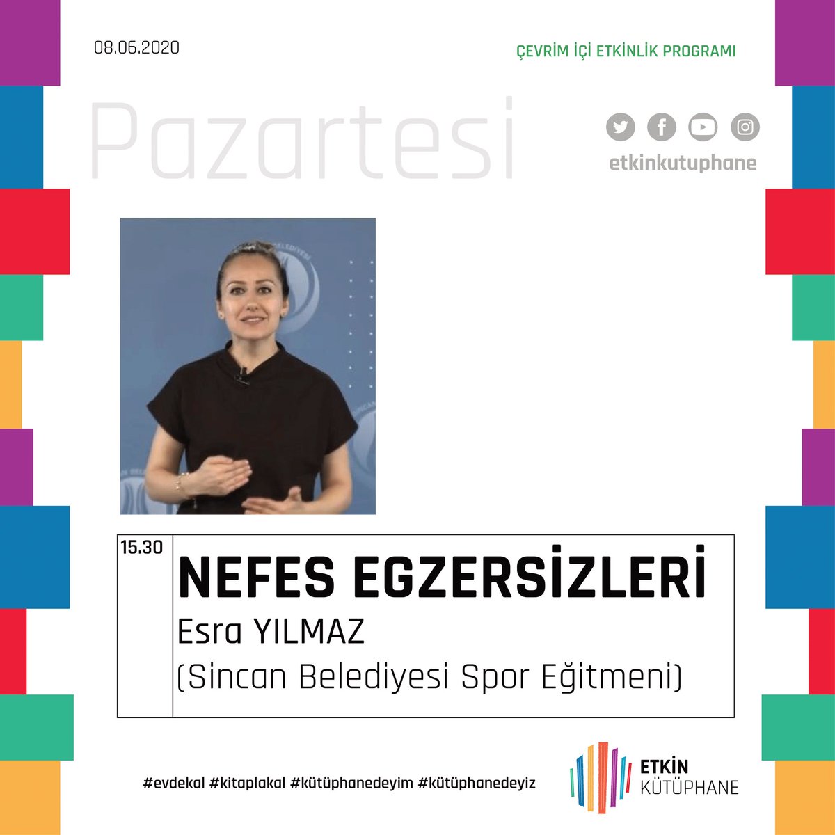 “Etkin Kütüphane Evinizde” uygulamamızın Pazartesi günü sizlerle buluşacak programları...

 ℹ️Programlarımız sosyal medya hesaplarımızdan canlı yayınlanmaktadır. 

✔️ Geçmiş programlarımız YouTube hesabımız üzerinden izlenebilmektedir.

👉 youtube.com/etkinkutuphane

#EtkinKutuphane
