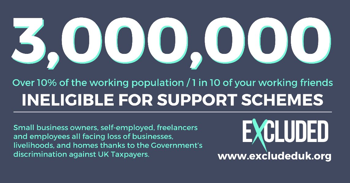 amy_aew's tweet photo. Freelancers, contractors, new starters, newly self-employed, small Ltd comps, agency workers, returning after maternity... 1 in 10 of your tax paying friends, neighbours, relatives have all been #ExcludedUK by @RishiSunak . @PippaCrerar @KenzaBryan @annacod @jessiehewitson https://t.co/0cfbZ83OCW