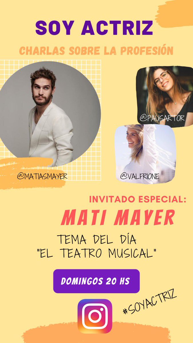 HOY DOMINGO EN VIVO 20 hs X IG 👉🏼 valfrione , <a href="/MatiasMayer/">Matias Mayer</a> #SoyActriz Tema del día: “El teatro Musical”