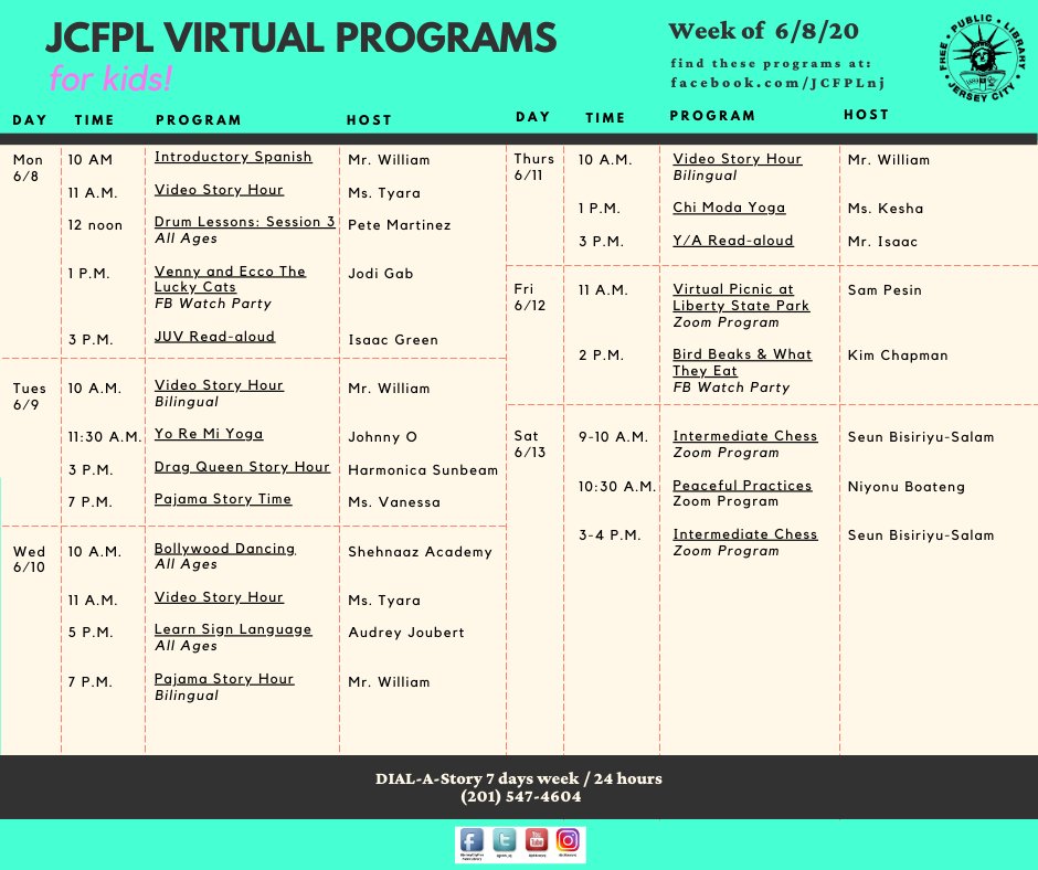 JCFPL_NJ's tweet image. Here's a look at our weekly lineup for the week of June 8th through June 13th! Please tune in and join us for our dynamic and engaging #virtualprogramming. Click on each picture to see it in more detail!