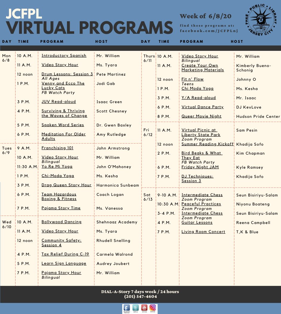 JCFPL_NJ's tweet image. Here's a look at our weekly lineup for the week of June 8th through June 13th! Please tune in and join us for our dynamic and engaging #virtualprogramming. Click on each picture to see it in more detail!
