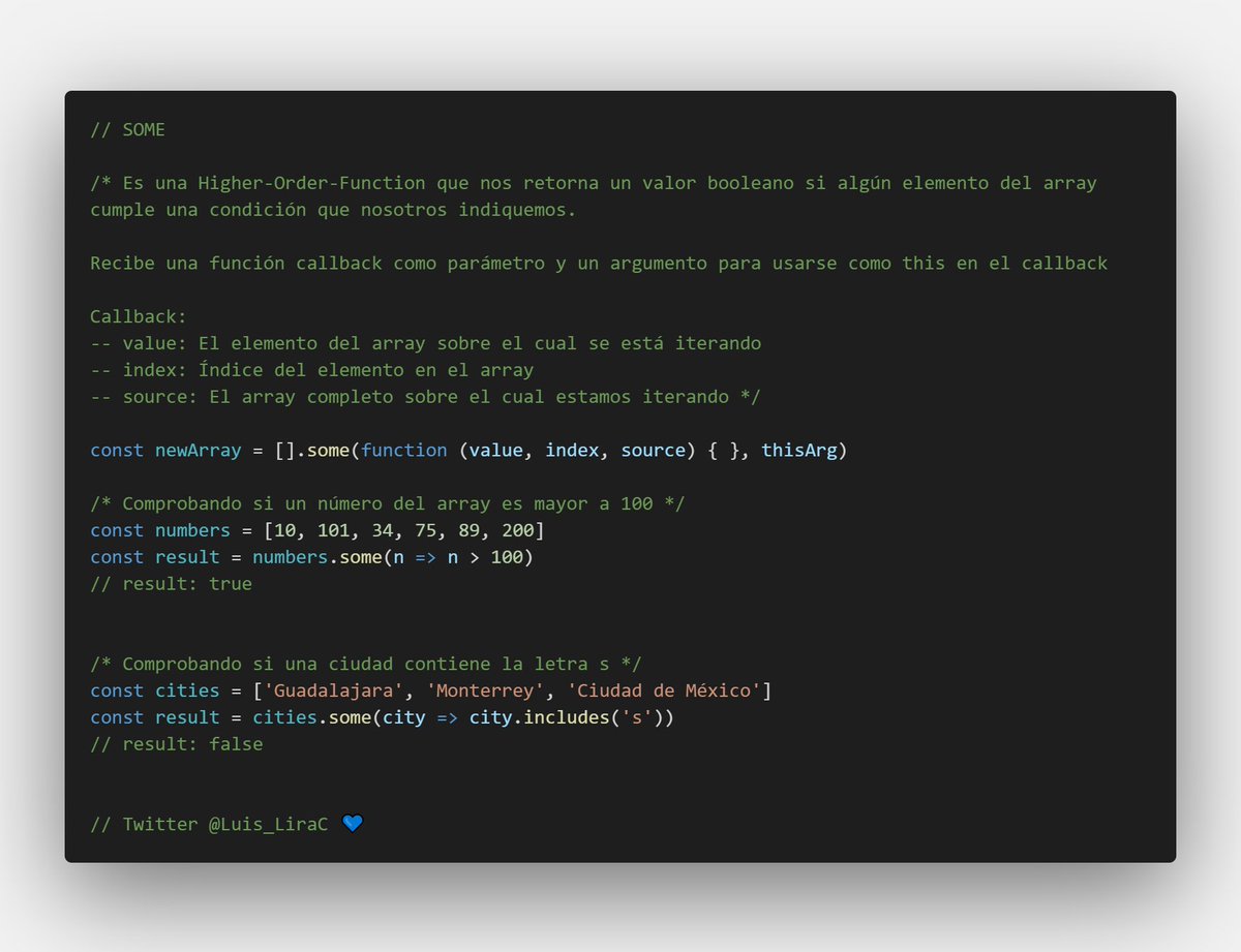 Luis_LiraC's tweet image. 🤔 ¿Han escuchado hablar del método some() de los arrays? Aquí les muestro un poco su uso.

Compartan esto con un RT para que llegue a más personas. Tal vez este método simplifique la vida de alguien. 😁

#AprendeCompartiendo #JavaScipt