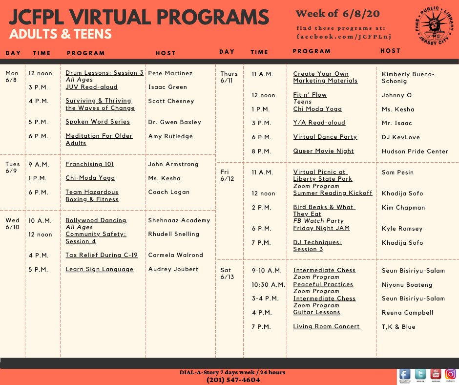 JCFPL_NJ's tweet image. Here's a look at our weekly lineup for the week of June 8th through June 13th! Please tune in and join us for our dynamic and engaging #virtualprogramming. Click on each picture to see it in more detail!