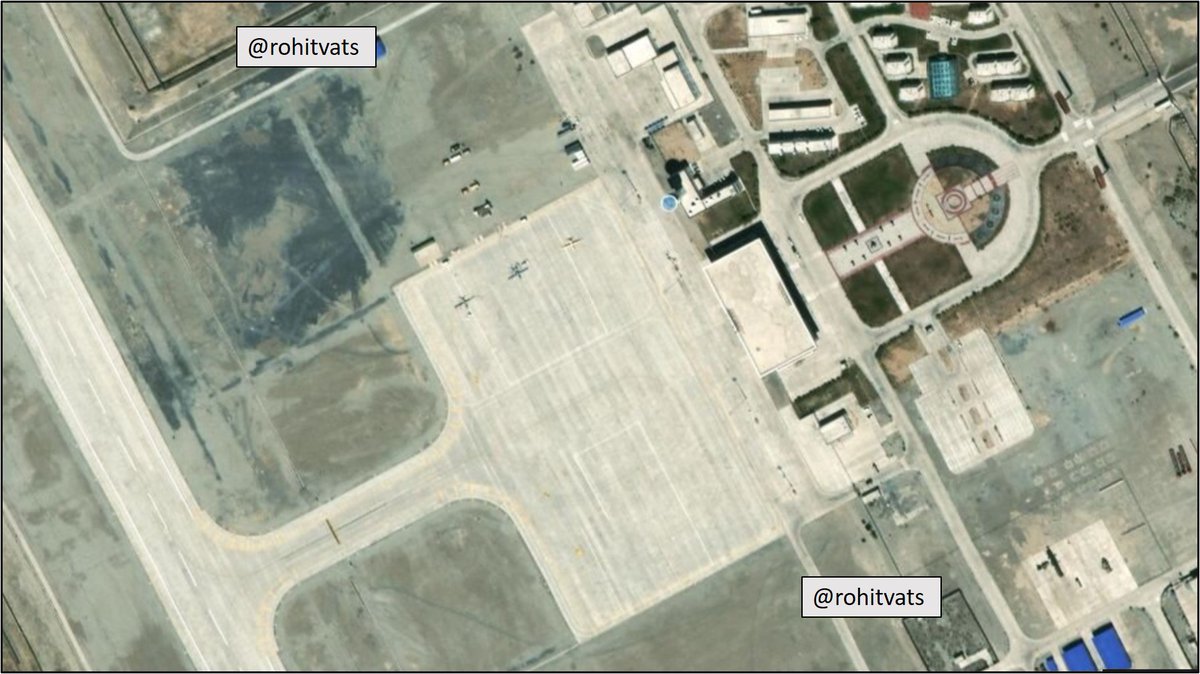 Parking Space:- Satellite image (Sep 2019) below shows 3 x UAV parked on northern side of the apron.- This side can at best accommodate 4 x A-320 size a/c.- Similarly, assume 4 a/c on opposite side.- Prima facie, the airport can at a time hold at max 8 A-320 sized passenger+