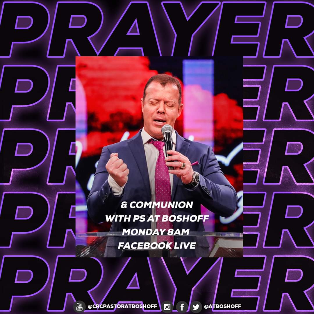 Prayer &amp; Communion LIVE
with Ps At Boshoff
on Facebook Live
at 8am on Monday

"For as often as you eat this bread and drink the cup, you proclaim the Lord’s death until he comes."
1 Cor 11:26

Ps <a href="/AtBoshoff/">Adriaan Boshoff</a> @CRCMain

#Heaven2020 #CRC #Communion #Prayer #BodyofChrist #CRConline