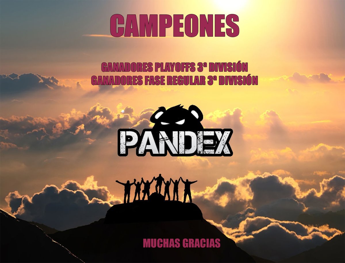 Enhorabuena! 

👤 @Novo_LoL  (Coach)

🐼 <a href="/diegeitor15/">Diego</a> 
🐼 <a href="/RalMilos/">🍁🍂🍃Miloș🍁🍂🍃</a> 
🐼 <a href="/taiwanlol/">羅享湧</a> 
🐼 <a href="/Spuks_GG/">≋̑𝕊𝕡𝕦𝕜𝕤≋</a> 
🐼 <a href="/jaimeriofrio1/">TheyCallM3Senpai</a> 
🐼 <a href="/DownyyLoL/">Ðøwnÿ</a> 

Split perfecto , ganando fase regular y playoffs , con lo que nos da derecho a jugar el siguiente split en 2ª División <a href="/EASspain/">Esports Amateur Series</a> 

Gran trabajo!