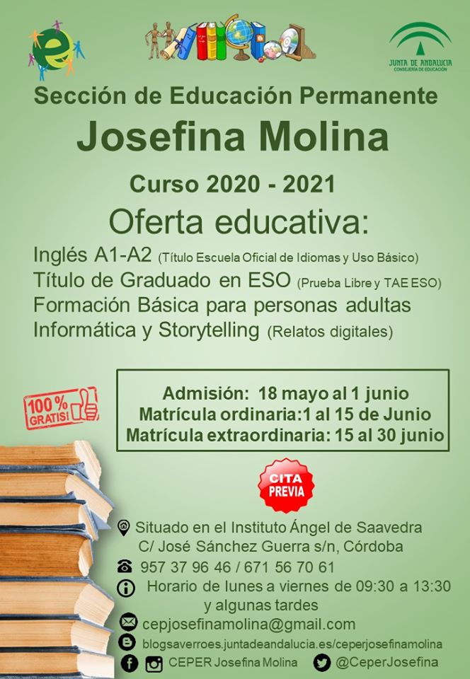CeperJosefina's tweet photo. ABIERTA MATRÍCULA 20-21HASTA EL 15 JUNIO
¿Tienes más de 18 años? Gratuitamente puedes estudiar un idioma con titulación oficial de la EOI, conseguir el título de ESO, aprender Informática y mucho más. ¡Anímate! Te esperamos de 9:30 a 13:30 y solicitando cita previa  671-56-70-61 https://t.co/heK6pwskO4