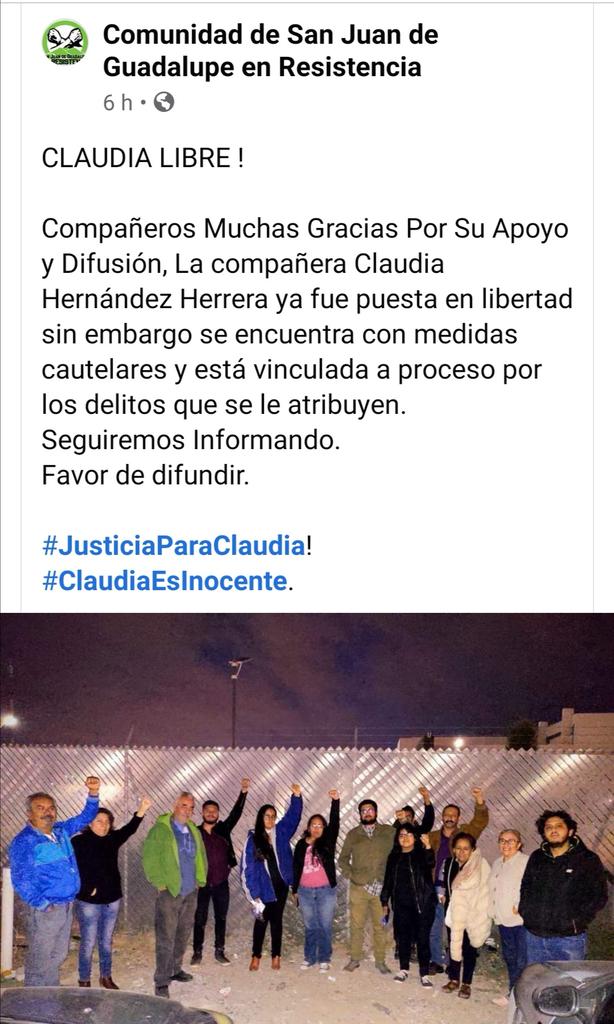 gar_mexico's tweet photo. Claudia Hernández está libre. Agradecemos mucho el apoyo de todas y todos para conseguir su libertad. https://t.co/3jOlm1W2KN