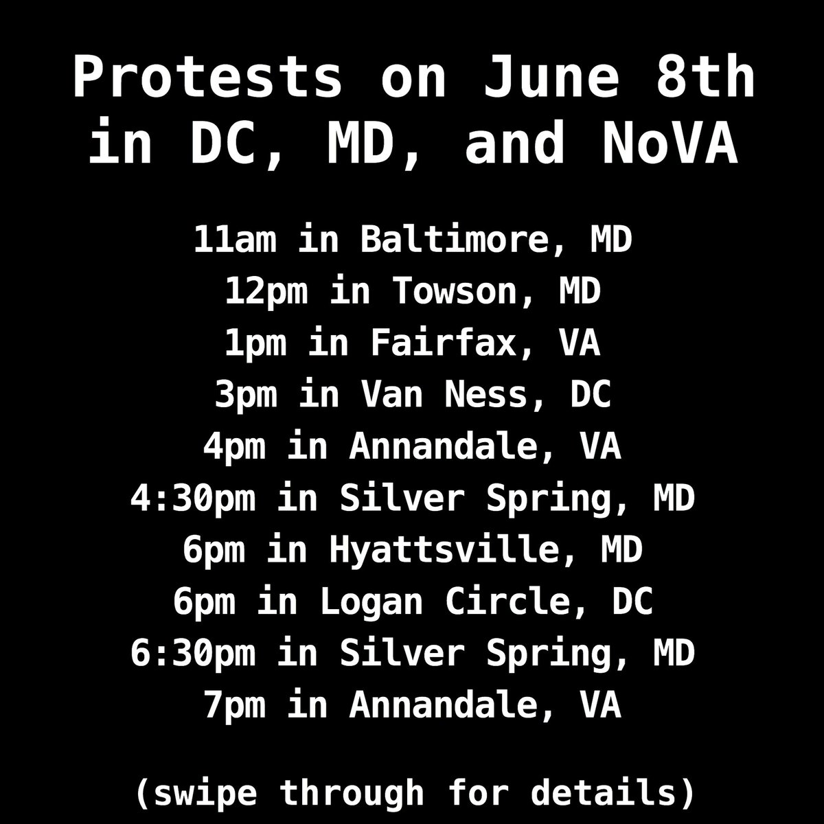 dcteensaction's tweet photo. June 8th protests in #DC, #MD &amp; #NoVA (tweet 3/3)
6pm in Logan Circle, DC
6:30pm in Silver Spring, MD
7pm in Annandale, VA
#justiceforgeorgefloyd #justiceforahmaud #justiceforbreonnataylor #blmdc #dmv #blmva #blmdmv #blmnova #blmmd #pgcounty #baltimore #baltimorecounty https://t.co/X9Udx0dThS